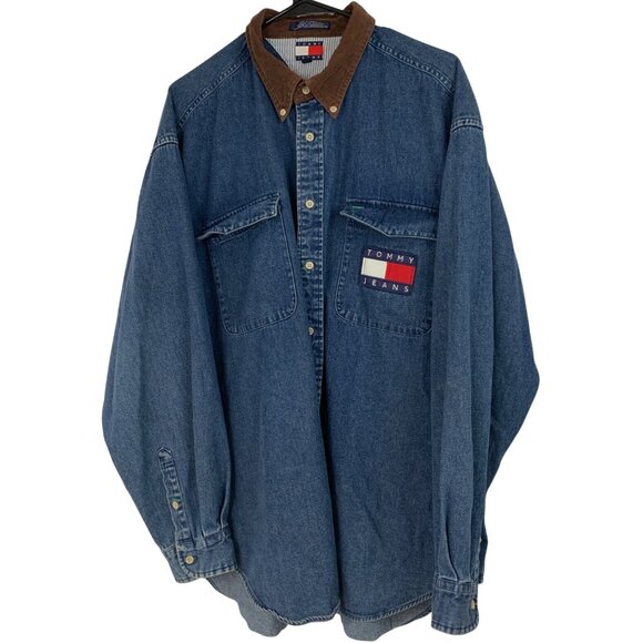 Vintage Y2K Tommy Jeans Denim Shirt Sz XL Corduroy Collar Logo Pocket RW10330 - Picture 2 of 8